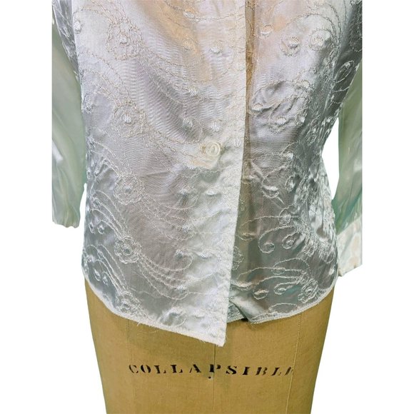 Vintage 1950s Satin Blouse White Embroidered Rhinestone Button Evening Top - Picture 6 of 10